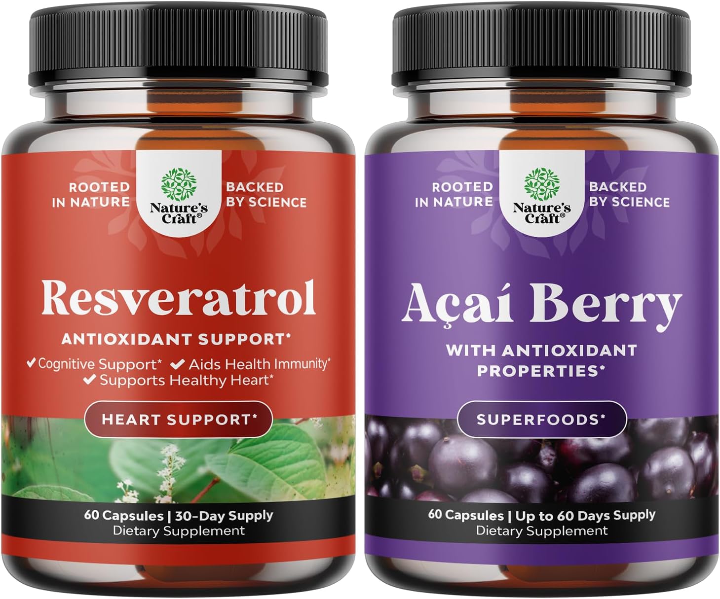 Bundle of Natures Craft Anti Aging Trans Resveratrol and Acai Berry Capsules - Joint Support, Brain Booster, Heart Health, Energy Boost - Natural Antioxidant Supplement