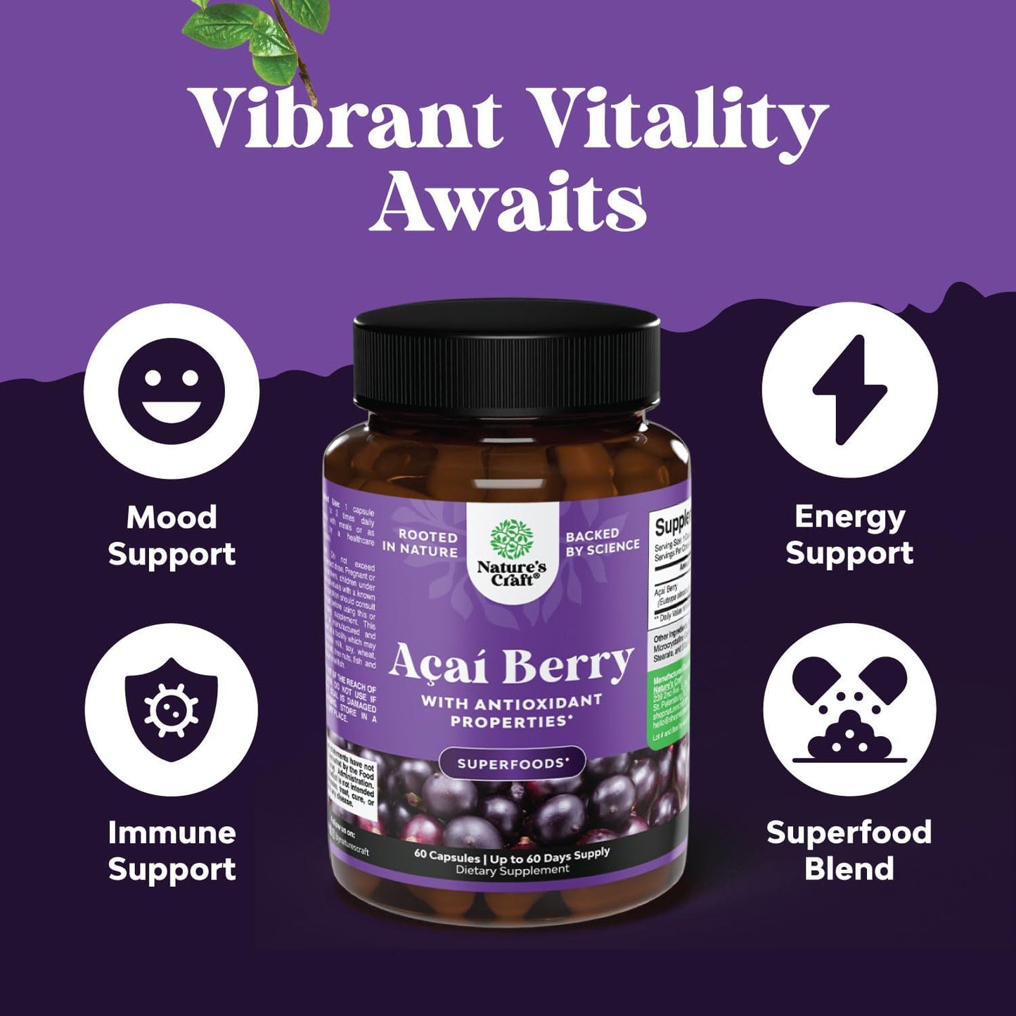 Bundle of Natures Craft Anti Aging Trans Resveratrol and Acai Berry Capsules - Joint Support, Brain Booster, Heart Health, Energy Boost - Natural Antioxidant Supplement