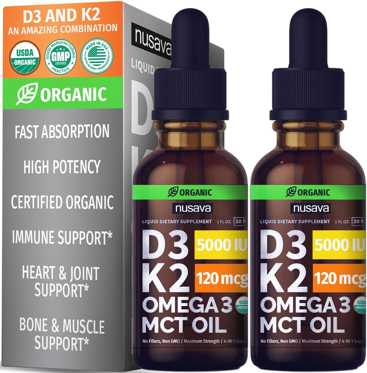 Bundle of NUSAVA Vitamin B12 and D3 K2 Liquid Drops for Heart, Joint, Energy, & Immune Support - Non-GMO, Gluten-Free - 2pk Each