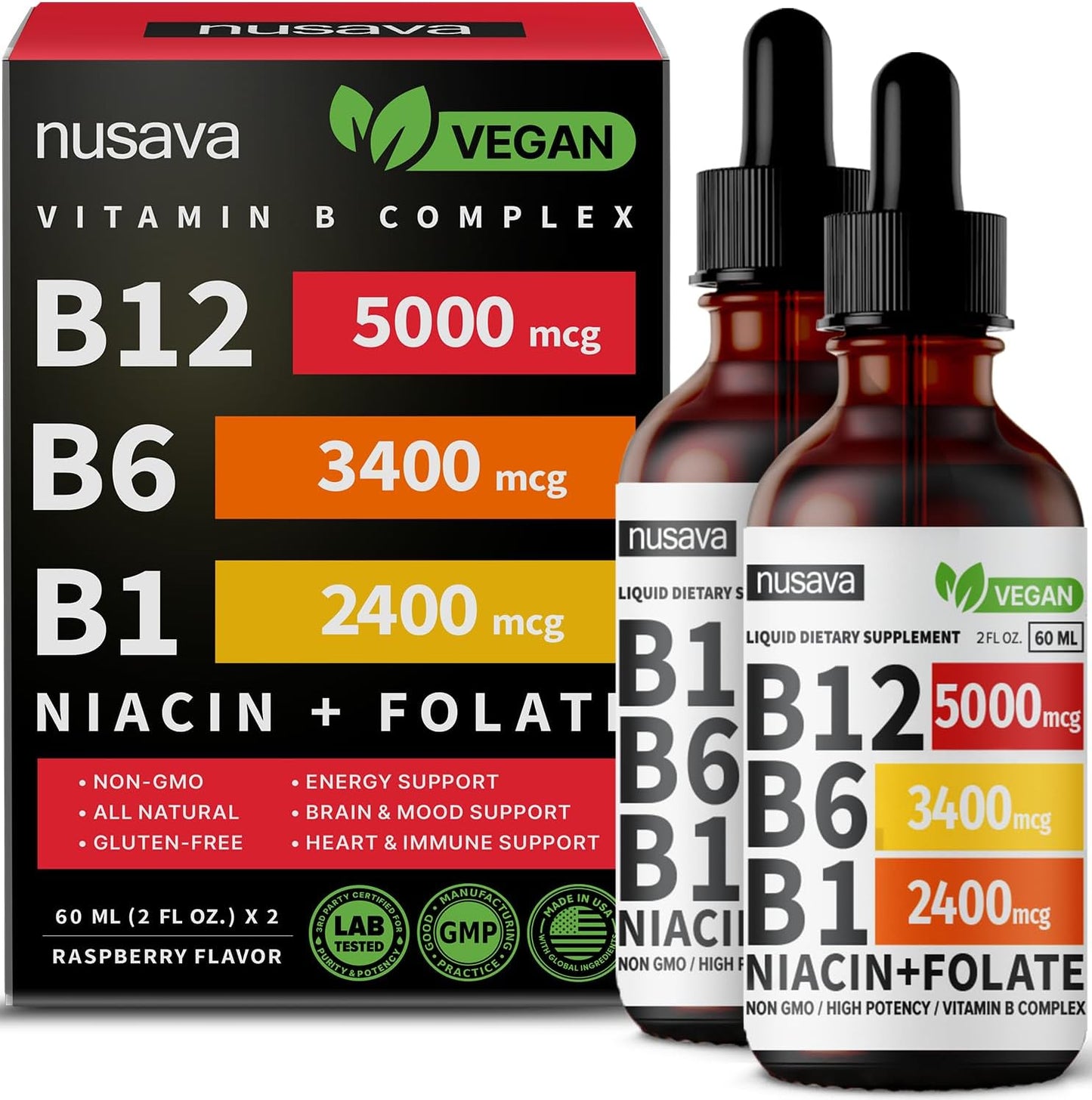 Bundle of NUSAVA Vitamin B12 and D3 K2 Liquid Drops for Heart, Joint, Energy, & Immune Support - Non-GMO, Gluten-Free - 2pk Each