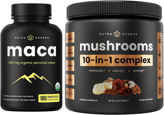 Bundle of NutraChamps Maca Root Capsules and 10-in-1 Mushroom Powder for Mood, Cognition, and Energy Boost