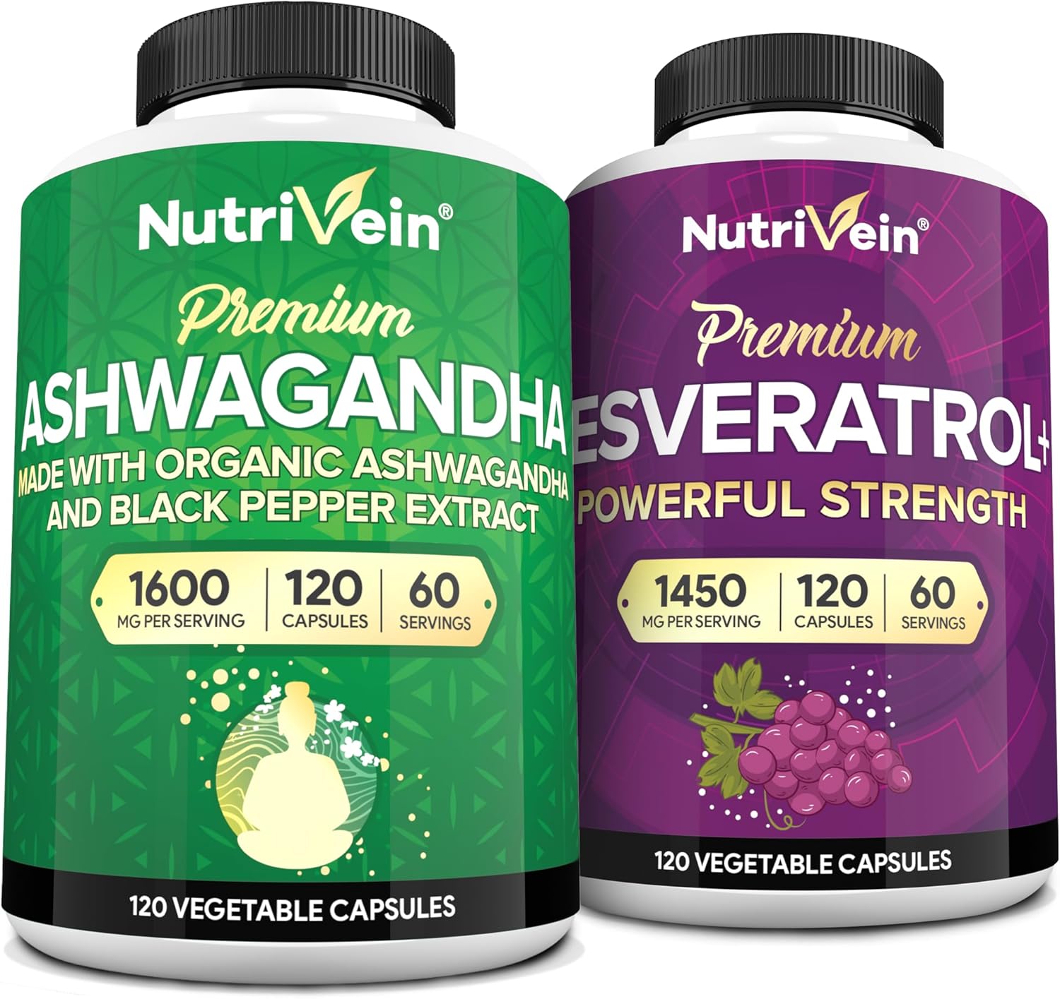 Bundle of Nutrivein Premium Ashwagandha Capsules and High-Absorption Resveratrol Supplement for Balance, Vitality, & Repair
