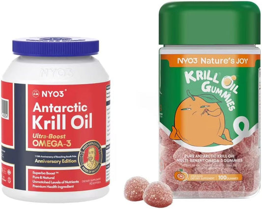Bundle of NYO3 Krill Oil Softgels and Omega-3 Gummies for DHA and EPA Omega-3 Fatty Acids