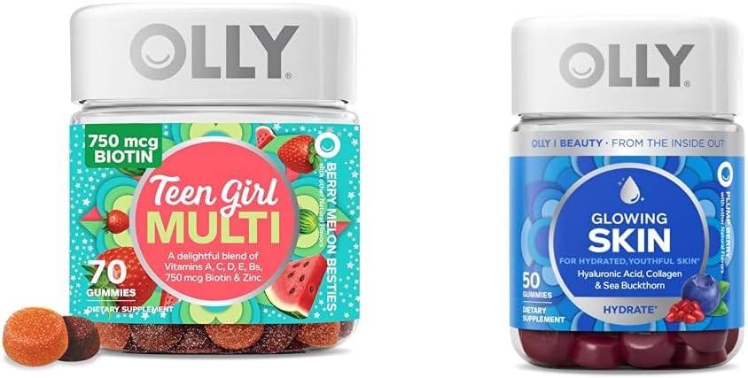 Bundle of OLLY Teen Girl Multi Gummy and Glowing Skin Gummies, 70 Count and 50 Count