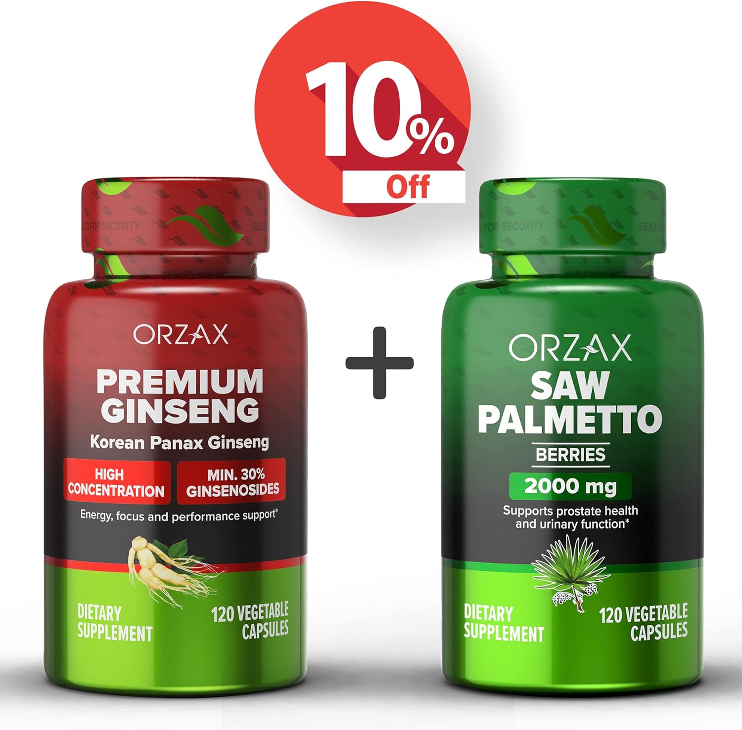 Bundle of ORZAX Ginseng Capsules with 30% Ginsenosides and Saw Palmetto Capsules 2000 mg - 120 Vegetable Capsules