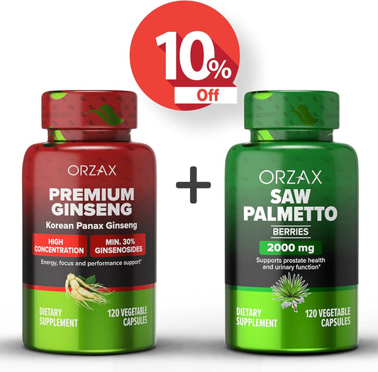 Bundle of ORZAX Ginseng Capsules with 30% Ginsenosides and Saw Palmetto Capsules 2000 mg - 120 Vegetable Capsules