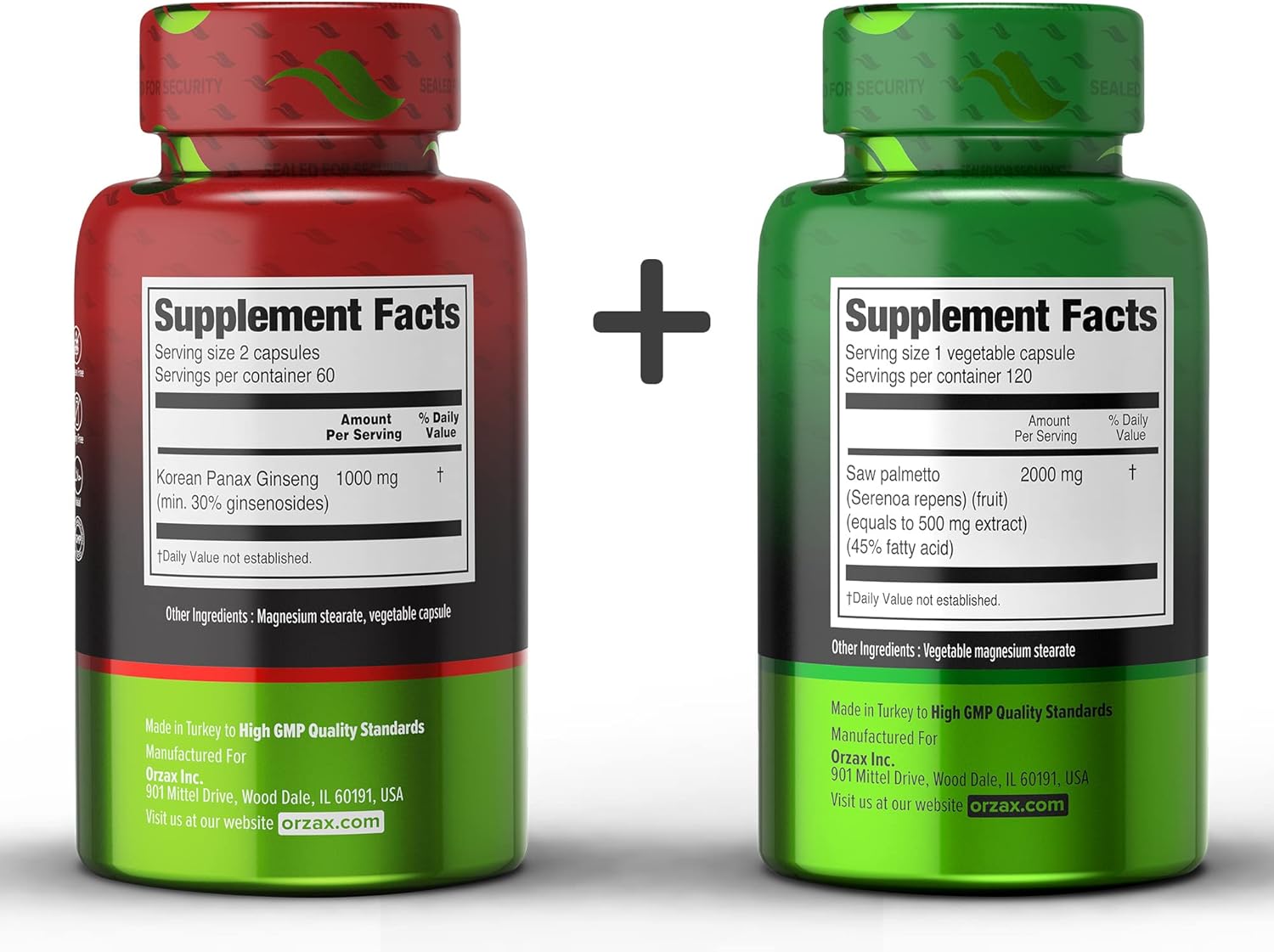 Bundle of ORZAX Ginseng Capsules with 30% Ginsenosides and Saw Palmetto Capsules 2000 mg - 120 Vegetable Capsules