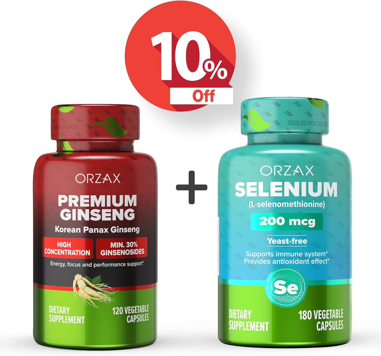 Bundle of ORZAX Premium Ginseng 120 Veg Capsules and Selenium 200 Mg 180 Veg Capsules