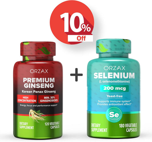 Bundle of ORZAX Premium Ginseng 120 Veg Capsules and Selenium 200 Mg 180 Veg Capsules