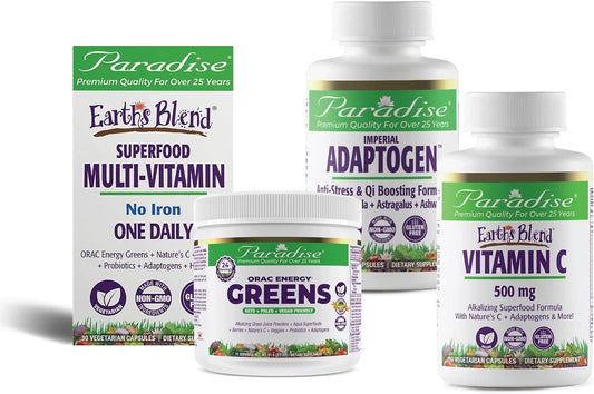Bundle of Paradise Herbs ORAC Energy Greens, Multi-Vitamin, Imperial Adaptogen, and Vitamin C - Iron-Free Formula