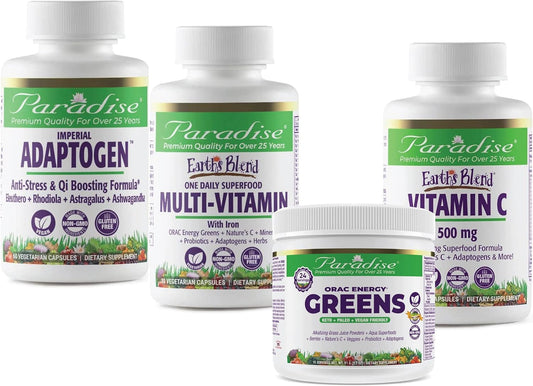 Bundle of Paradise Herbs ORAC Energy Greens Multi-Vitamin with Iron, Imperial Adaptogen, and Vitamin C