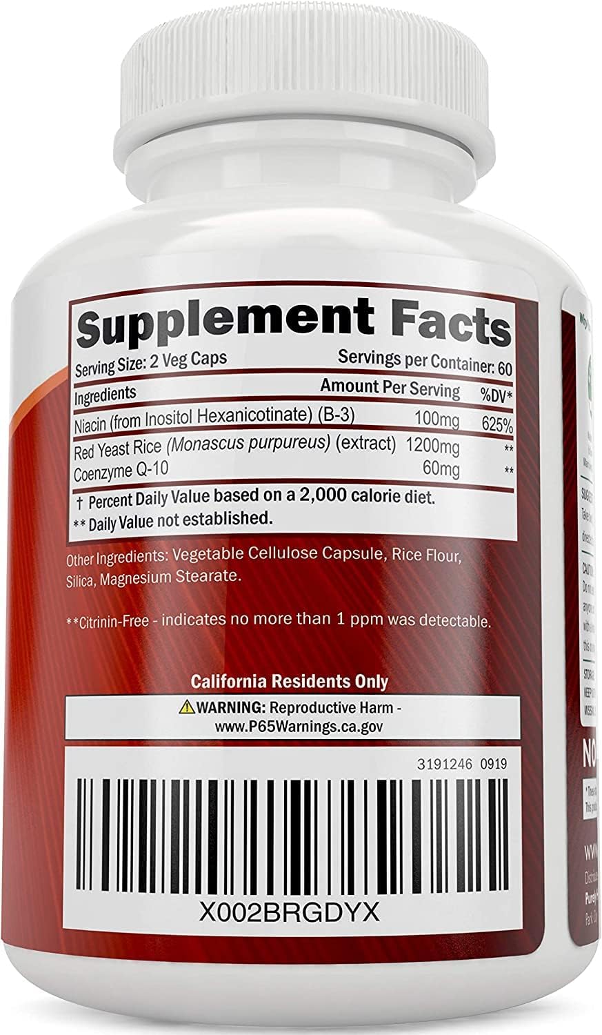 Bundle of Red Yeast Rice 1200mg with CoQ10, Niacin, Vitamin D3 & K2 MK7 - 270 Vegetarian Capsules - USA Made