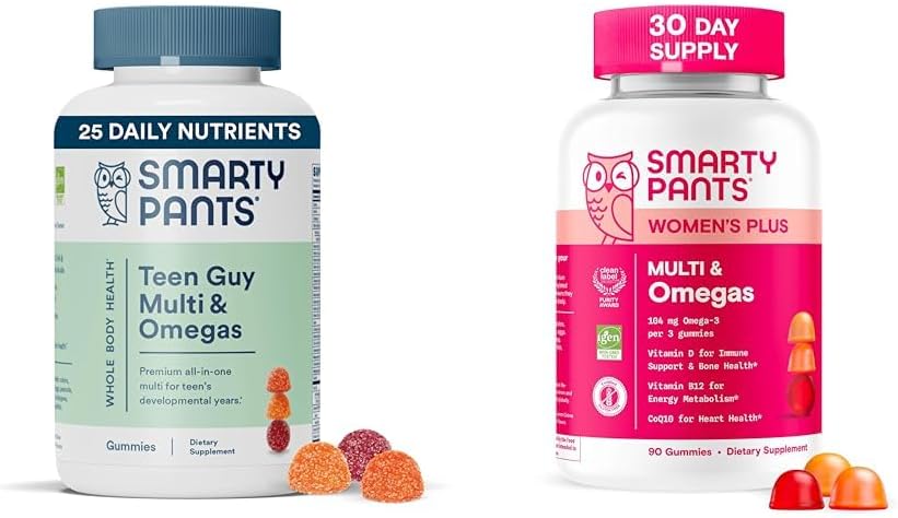 Bundle of SmartyPants Women's and Teen Guy Multivitamin Gummies: Omega 3, Methylfolate, CoQ10, Vitamin D3, C, B12, B6, A, K, & Zinc - Gluten Free (30 Day Supply)
