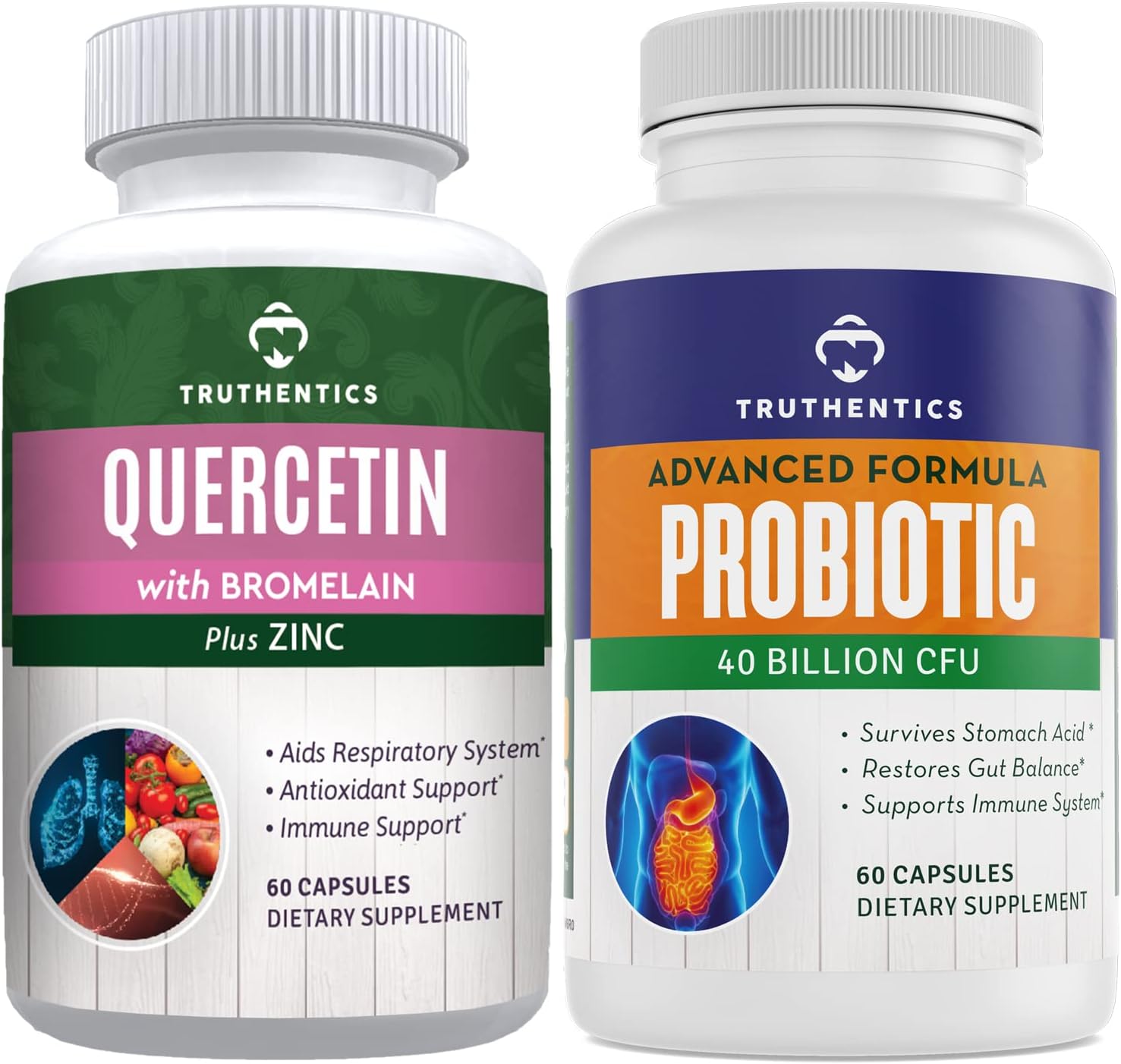 Bundle of Truthentics Quercetin, Bromelain, Zinc, and Advanced Probiotic with Prebiotics for Immune, Respiratory, and Digestive Support - Gluten Free, Non-GMO