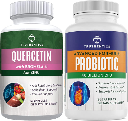 Bundle of Truthentics Quercetin, Bromelain, Zinc, and Advanced Probiotic with Prebiotics for Immune, Respiratory, and Digestive Support - Gluten Free, Non-GMO