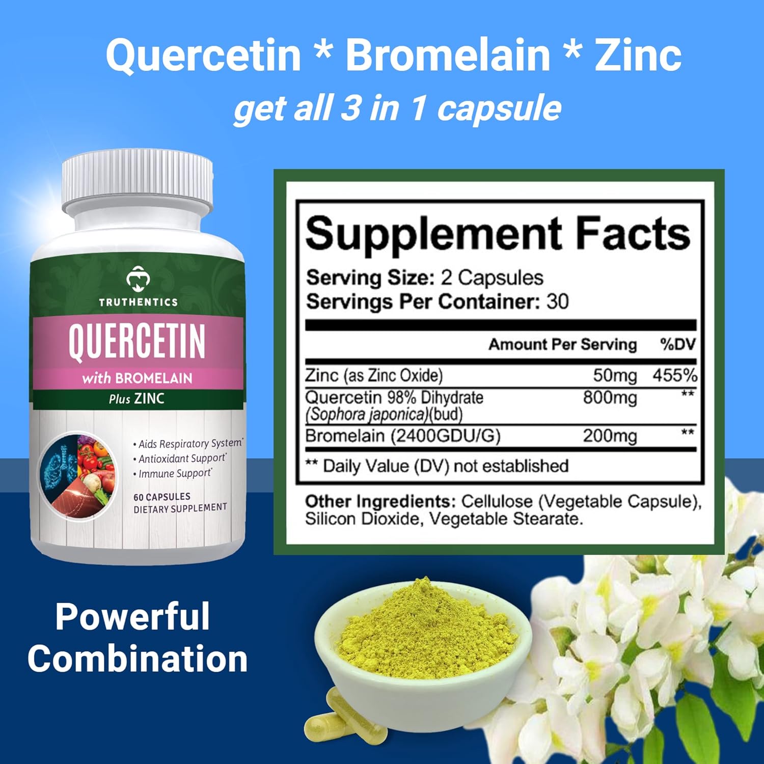 Bundle of Truthentics Quercetin, Bromelain, Zinc, and Advanced Probiotic with Prebiotics for Immune, Respiratory, and Digestive Support - Gluten Free, Non-GMO