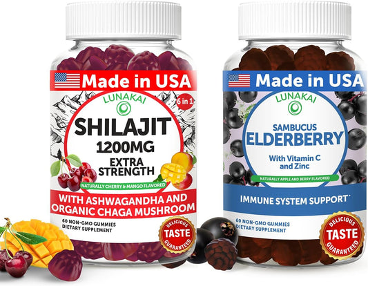 Bundle of USA Made Lunakai Shilajit & Elderberry Gummies for Energy & Immune Support - Non-GMO & Delicious