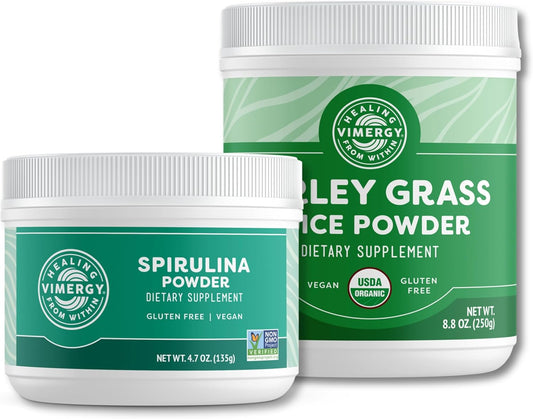 Bundle of Vimergy USDA Organic Barley Grass Juice Powder (62 Servings) and Natural Spirulina Powder (45 Servings)