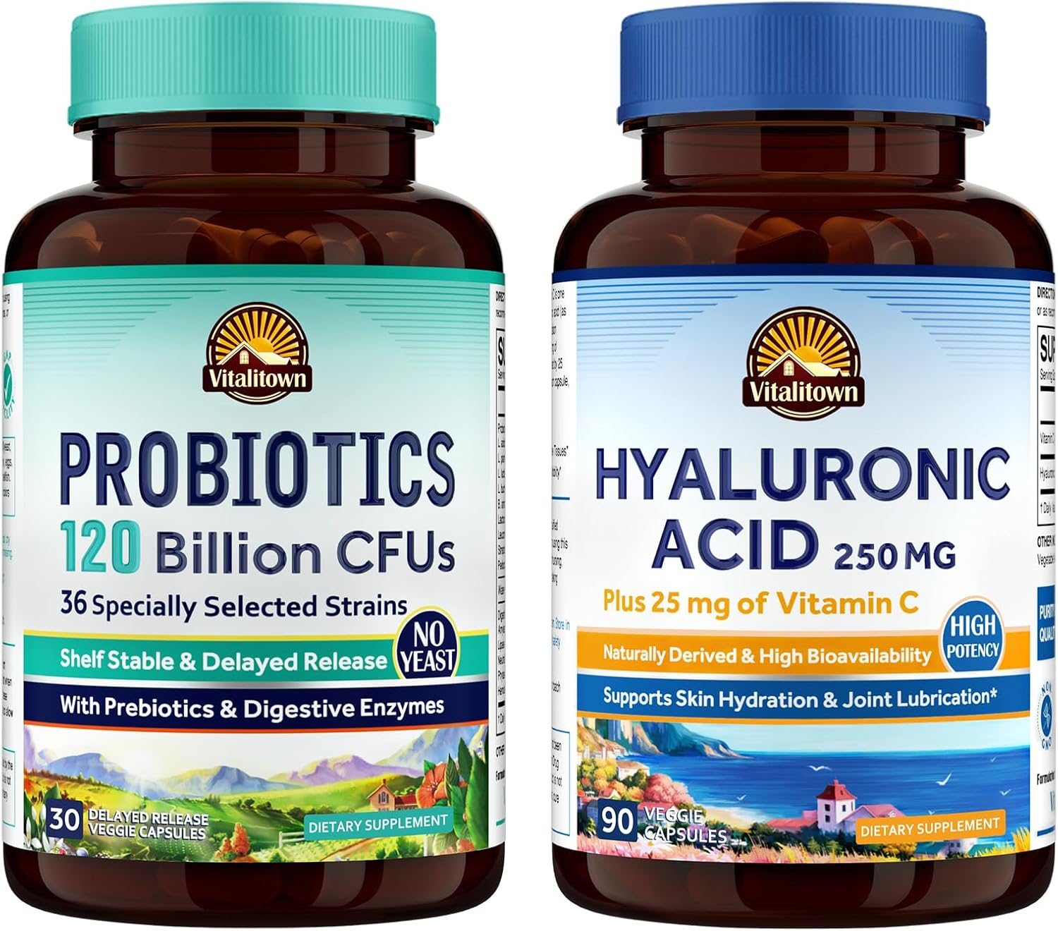 Bundle of Vitalitown Probiotics 120 Billion CFUs & Hyaluronic Acid Capsules - Gut-Skin Health - Pack of 2 (30 + 90)