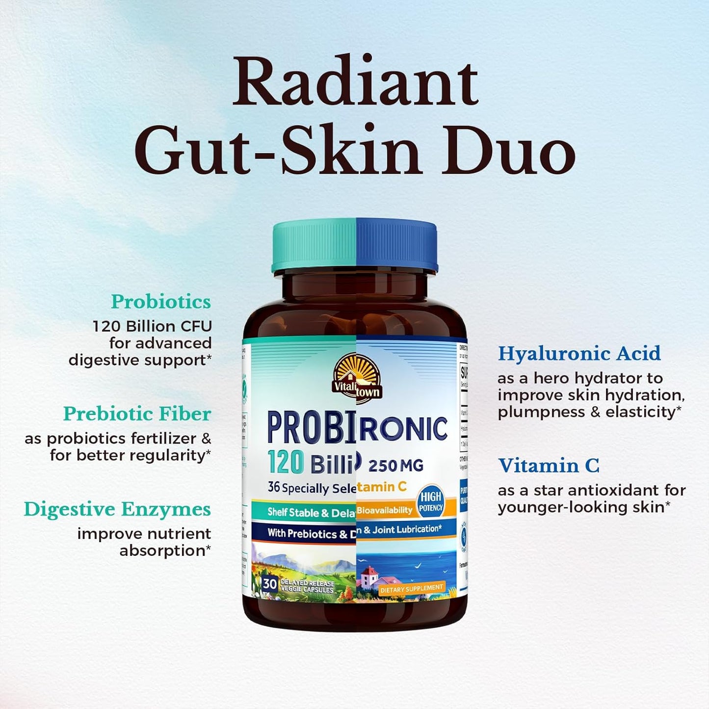 Bundle of Vitalitown Probiotics 120 Billion CFUs & Hyaluronic Acid Capsules - Gut-Skin Health - Pack of 2 (30 + 90)