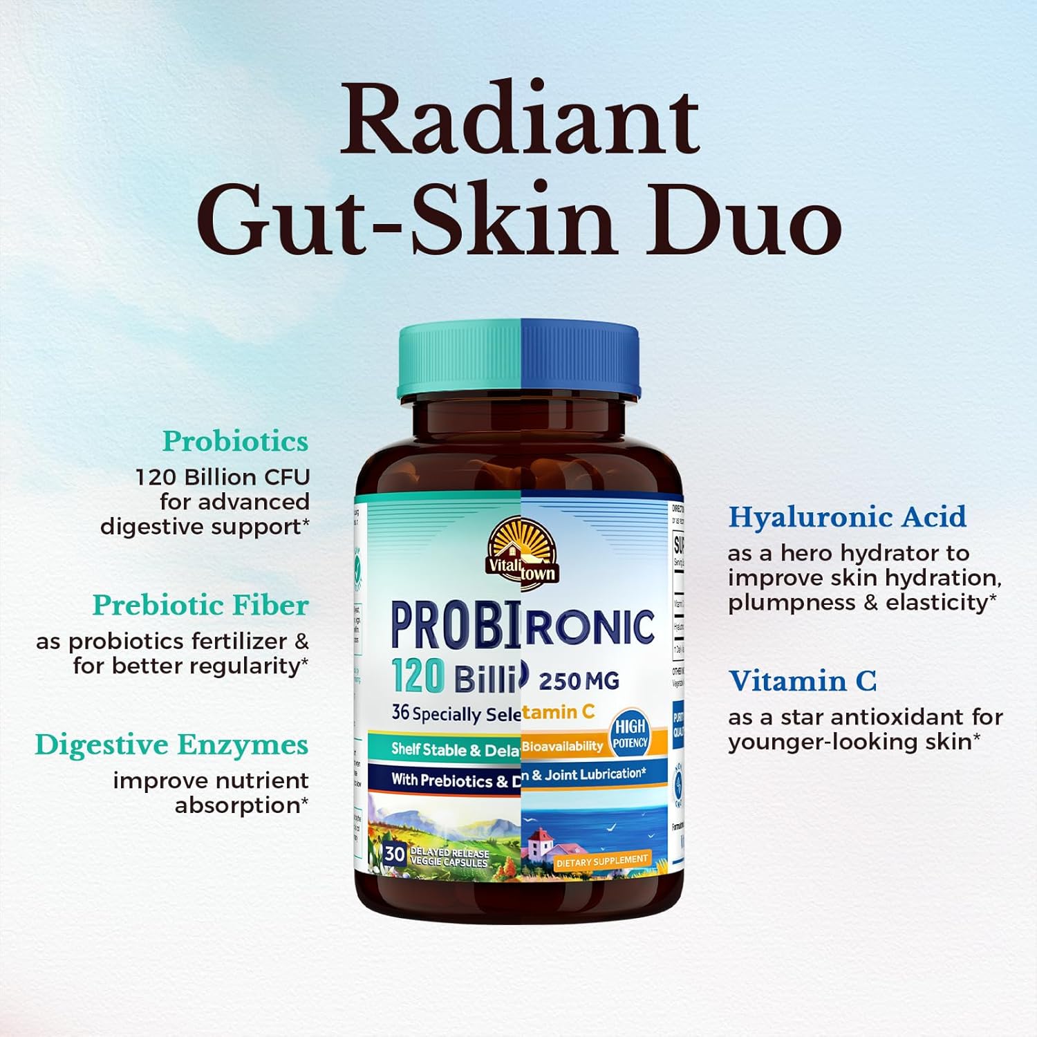 Bundle of Vitalitown Probiotics 120 Billion CFUs & Hyaluronic Acid Capsules - Gut-Skin Health - Pack of 2 (30 + 90)