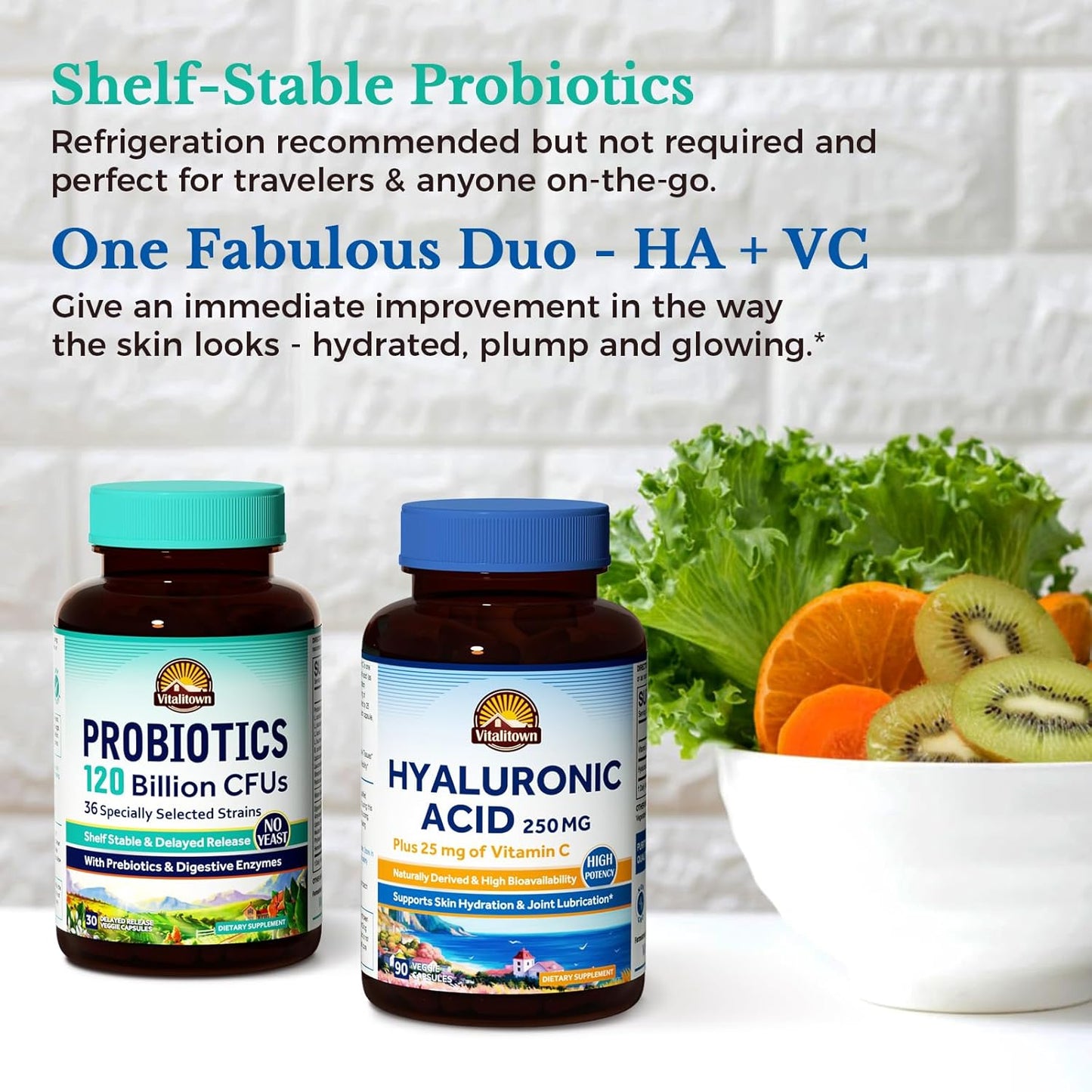 Bundle of Vitalitown Probiotics 120 Billion CFUs & Hyaluronic Acid Capsules - Gut-Skin Health - Pack of 2 (30 + 90)