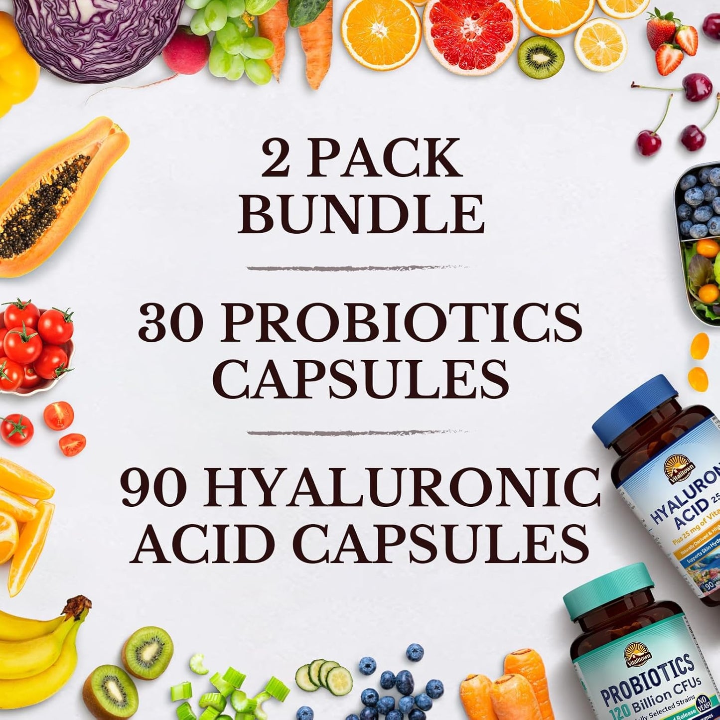 Bundle of Vitalitown Probiotics 120 Billion CFUs & Hyaluronic Acid Capsules - Gut-Skin Health - Pack of 2 (30 + 90)