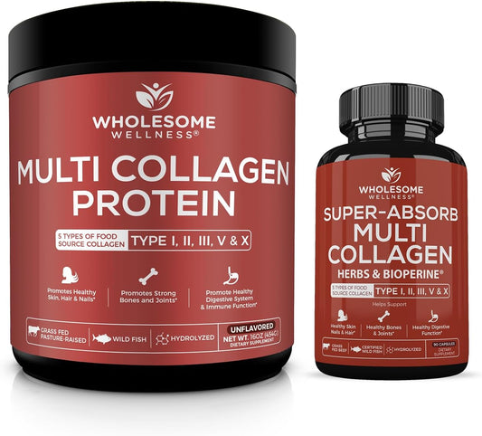 Bundle of Wholesome Wellness Multi Collagen Protein Powder and Super-Absorb Multi Collagen Pills - Type I, II, III, V, X