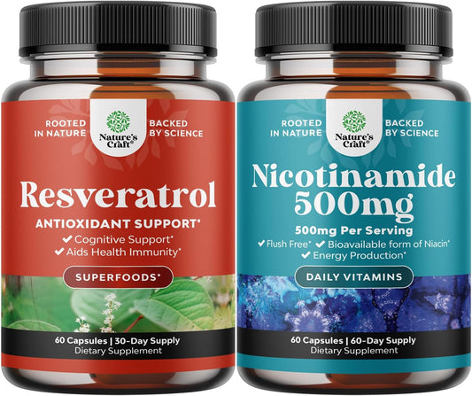 Bundle of Youthful Trans Resveratrol and Vitamin B3 Nicotinamide Capsules for Brain and Immune Support