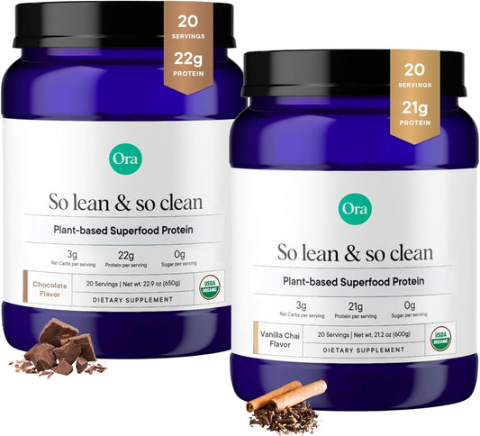 Bundle: Ora Organic Vegan Protein Powder Vanilla Chai & Chocolate - 21g Plant Based Protein Powder, Vanilla Chai Flavor, 20 Servings + 22g Chocolate Flavor, 20 Servings
