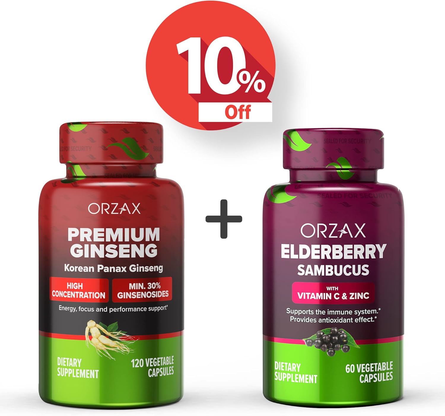 Bundle: ORZAX Ginseng Capsules (30% Ginsenosides, 120 Capsules) + Elderberry Capsules (2000mg, 60 Capsules)