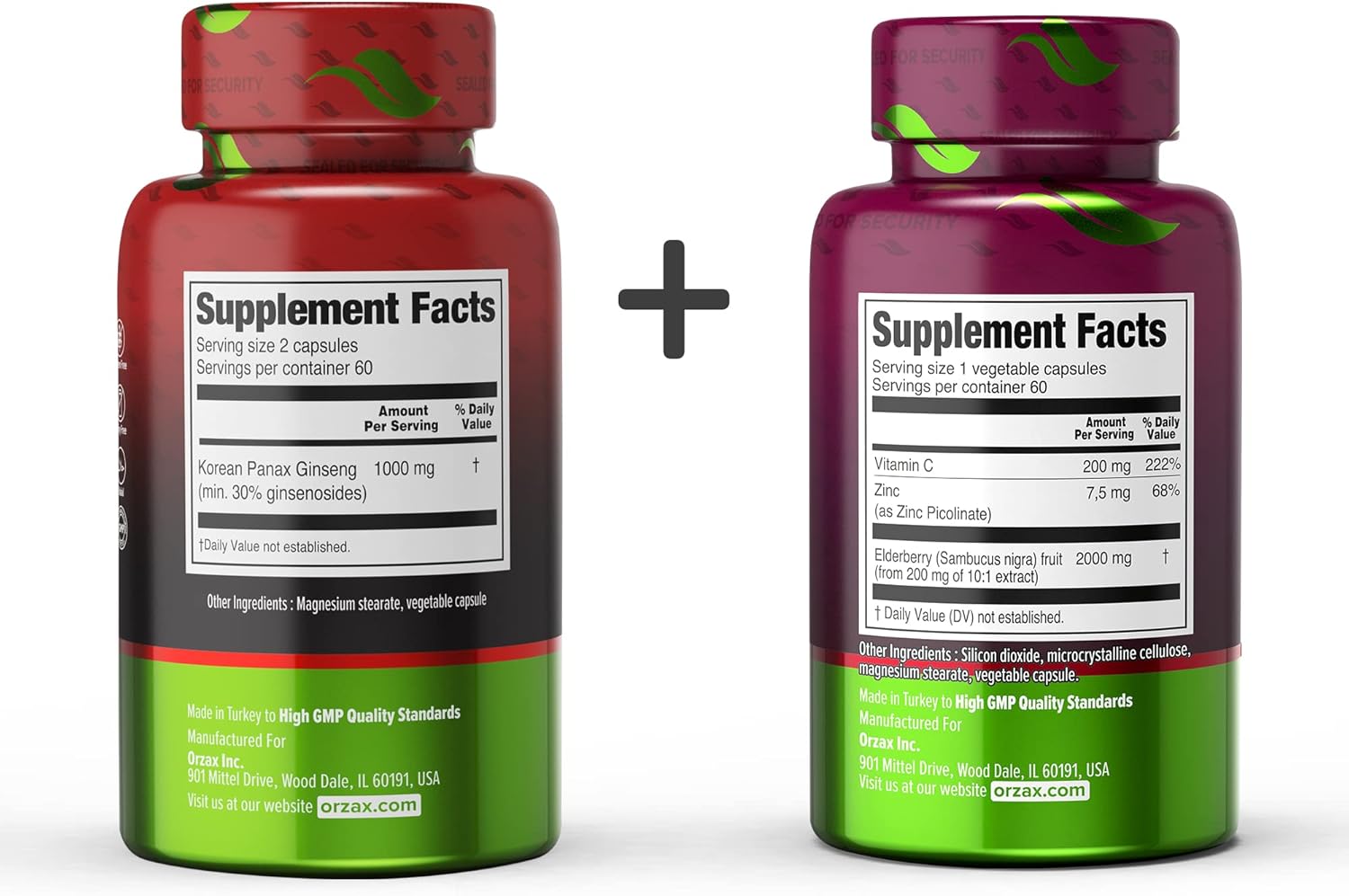 Bundle: ORZAX Ginseng Capsules (30% Ginsenosides, 120 Capsules) + Elderberry Capsules (2000mg, 60 Capsules)