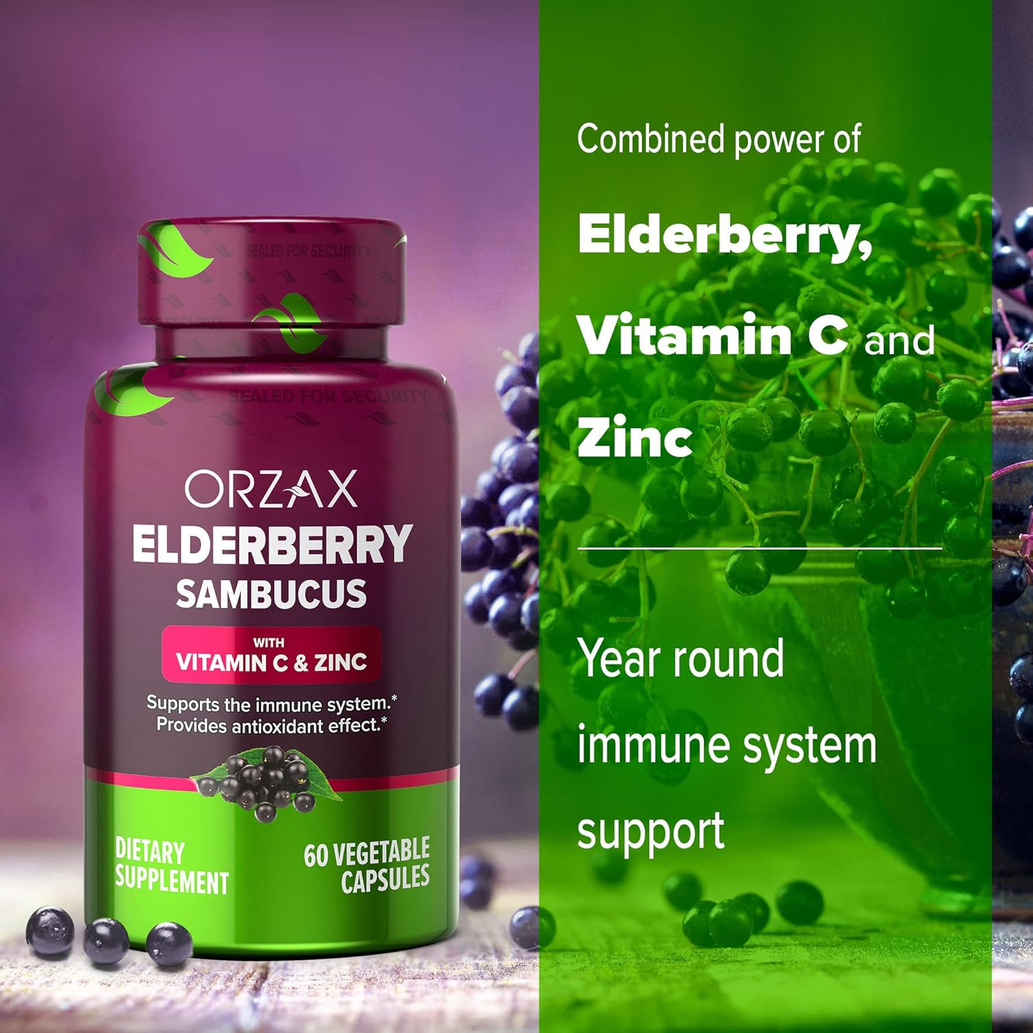 Bundle: ORZAX Ginseng Capsules (30% Ginsenosides, 120 Capsules) + Elderberry Capsules (2000mg, 60 Capsules)