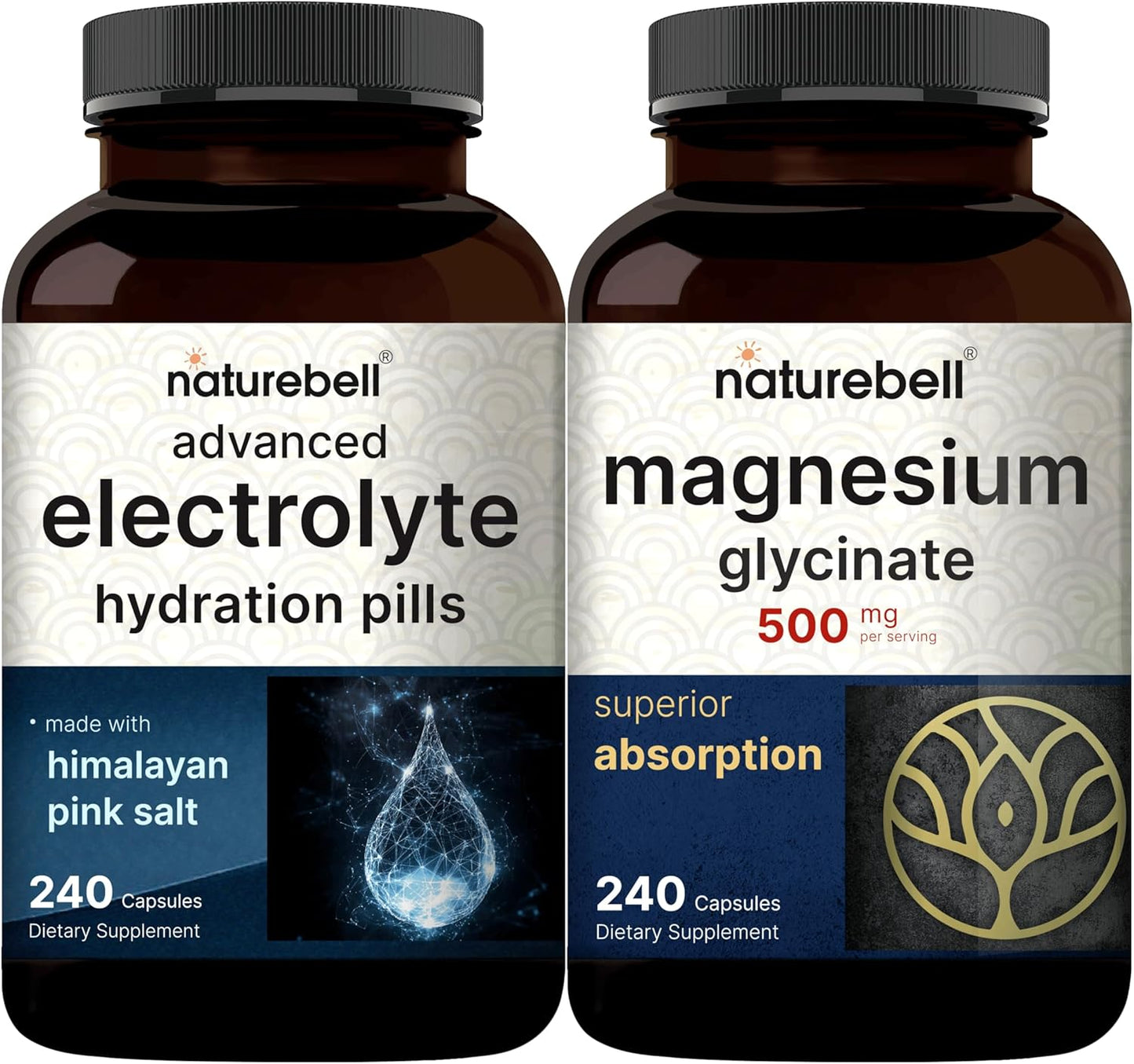 Bundle Pack: NatureBell 500mg Magnesium Glycinate Capsules with Advanced Electrolyte Hydration Pills - Chelated Mineral for Fast Keto Electrolytes