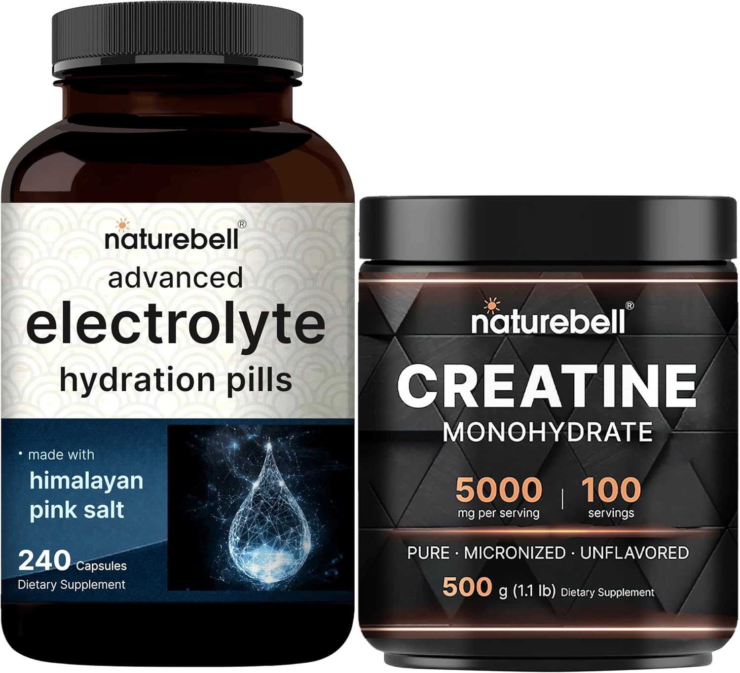 Bundle Pack: NatureBell Creatine Monohydrate Powder with Advanced Electrolyte Hydration Pills - High Absorption Micronized Creatine and Fast Hydrating Keto Electrolytes