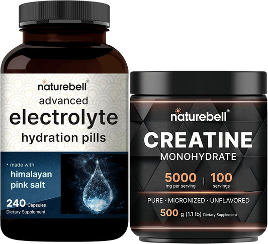 Bundle Pack: NatureBell Creatine Monohydrate Powder with Advanced Electrolyte Hydration Pills - High Absorption Micronized Creatine and Fast Hydrating Keto Electrolytes