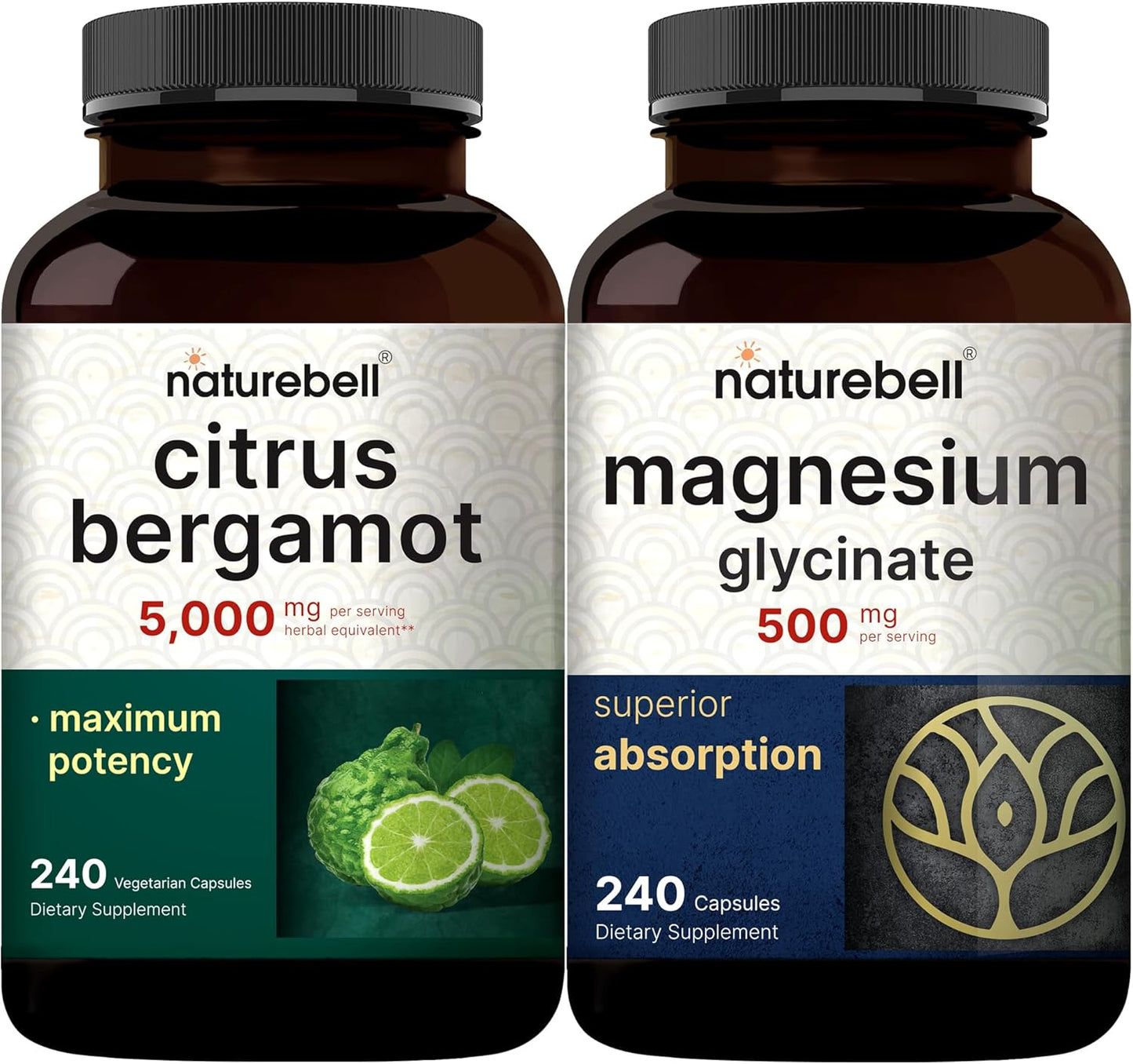 Bundle Pack: NatureBell Magnesium Glycinate Capsules 500mg + Citrus Bergamot Veggie Capsules 5,000mg | Chelated Mineral & High Antioxidant Formula