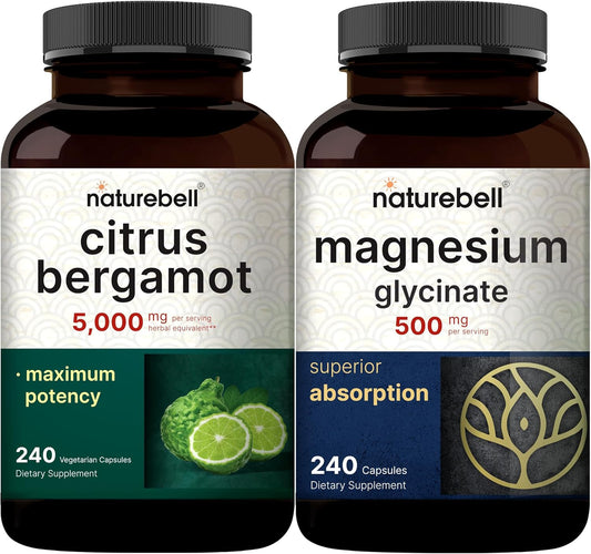 Bundle Pack: NatureBell Magnesium Glycinate Capsules 500mg + Citrus Bergamot Veggie Capsules 5,000mg | Chelated Mineral & High Antioxidant Formula