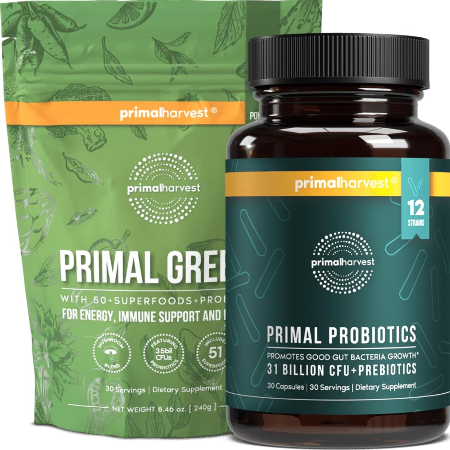 Bundle: Primal Harvest Greens Powder & Probiotics - Natural Superfood & Digestive Support