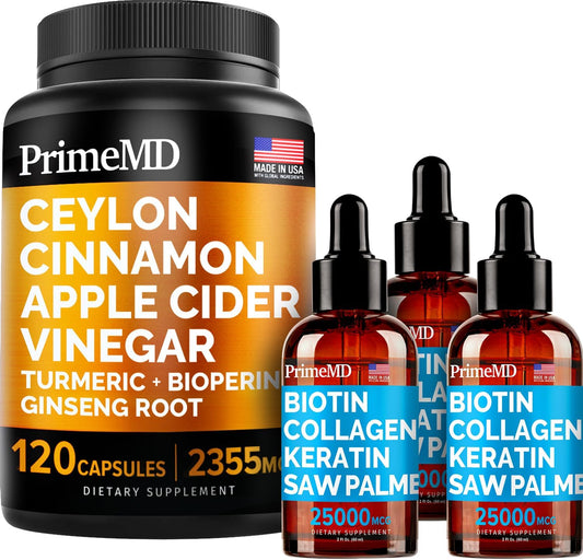 Bundle: PrimeMD Liquid Biotin Collagen Keratin Saw Palmetto Drops + Ceylon Cinnamon Turmeric Ginseng Capsules for Hair, Skin, Nails, Immune Support