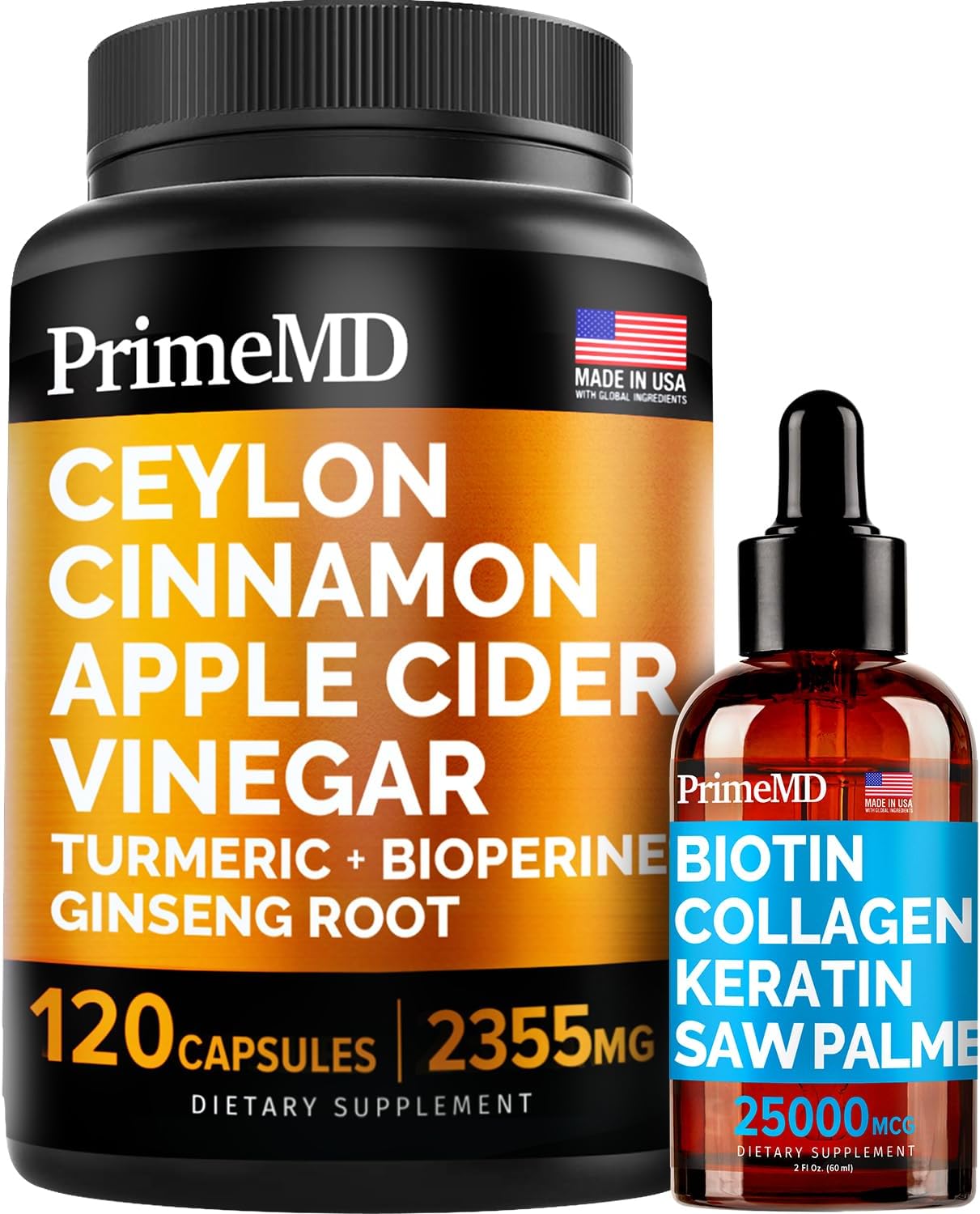 Bundle: PrimeMD Liquid Biotin Collagen Keratin Saw Palmetto Drops + Ceylon Cinnamon Turmeric Ginseng Capsules for Hair, Skin, Nails & Immune Support