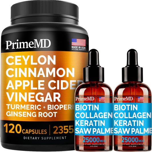 Bundle: PrimeMD Liquid Biotin Collagen Keratin Saw Palmetto Drops (2 fl oz - 2 Pack) & Ceylon Cinnamon w Turmeric & Ginseng Root (120ct) - Hair, Skin, Nails, Immune Support