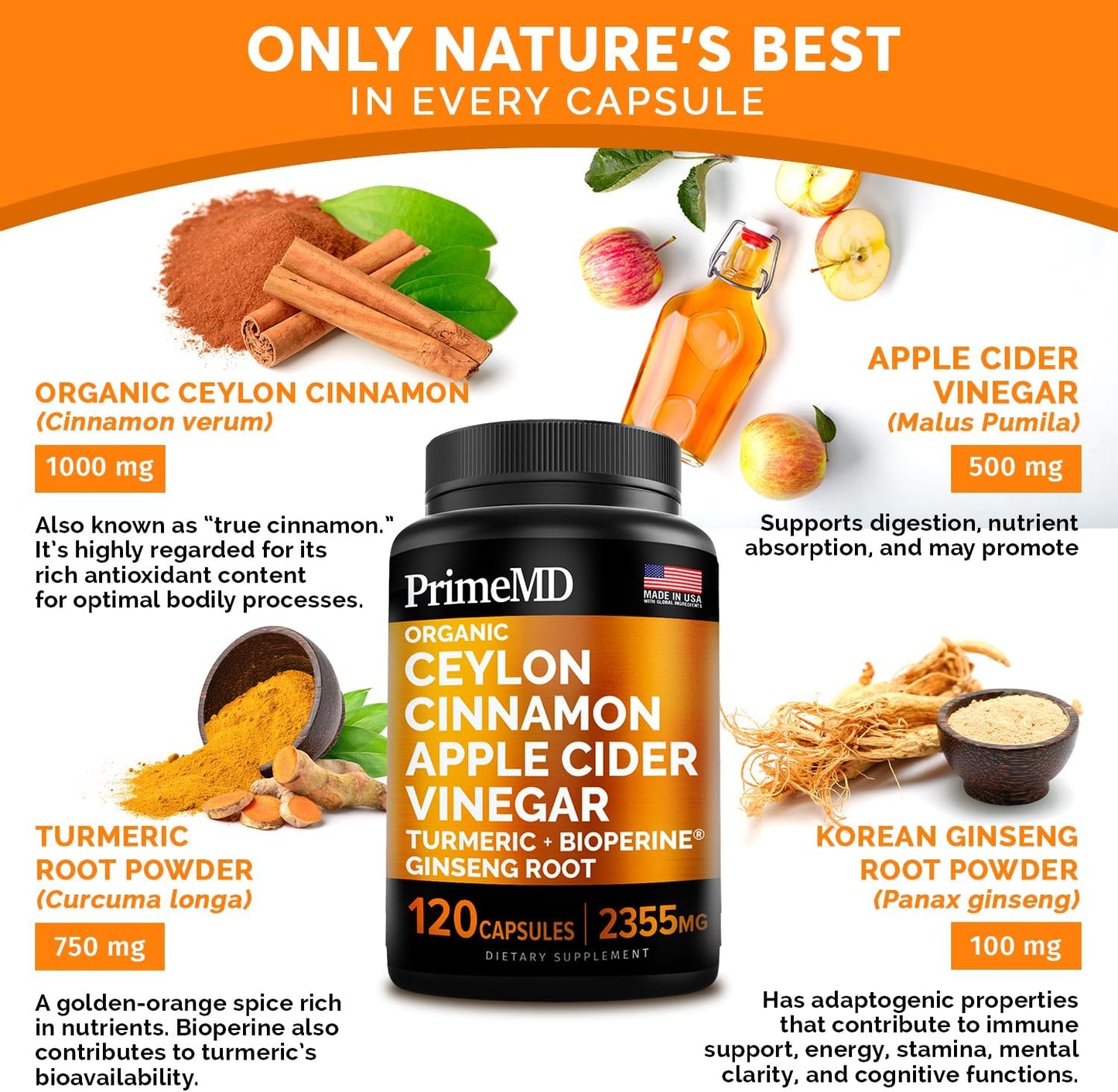 Bundle: PrimeMD Liquid Biotin Collagen Keratin Saw Palmetto Drops (2 fl oz - 2 Pack) & Ceylon Cinnamon w Turmeric & Ginseng Root (120ct) - Hair, Skin, Nails, Immune Support