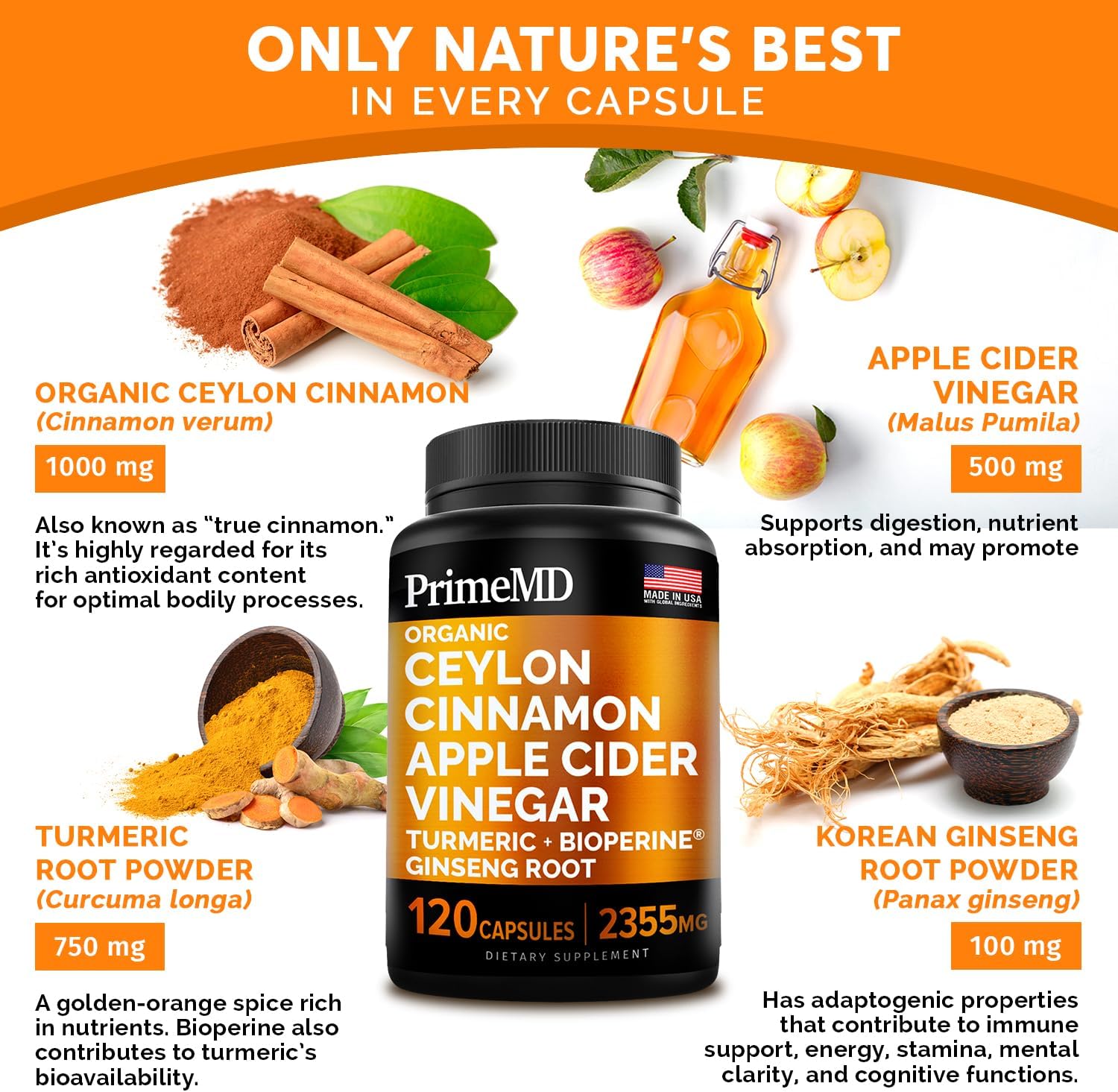 Bundle: PrimeMD Liquid Biotin Collagen Keratin Saw Palmetto Drops (2 fl oz - 2 Pack) & Ceylon Cinnamon w Turmeric & Ginseng Root (120ct) - Hair, Skin, Nails, Immune Support