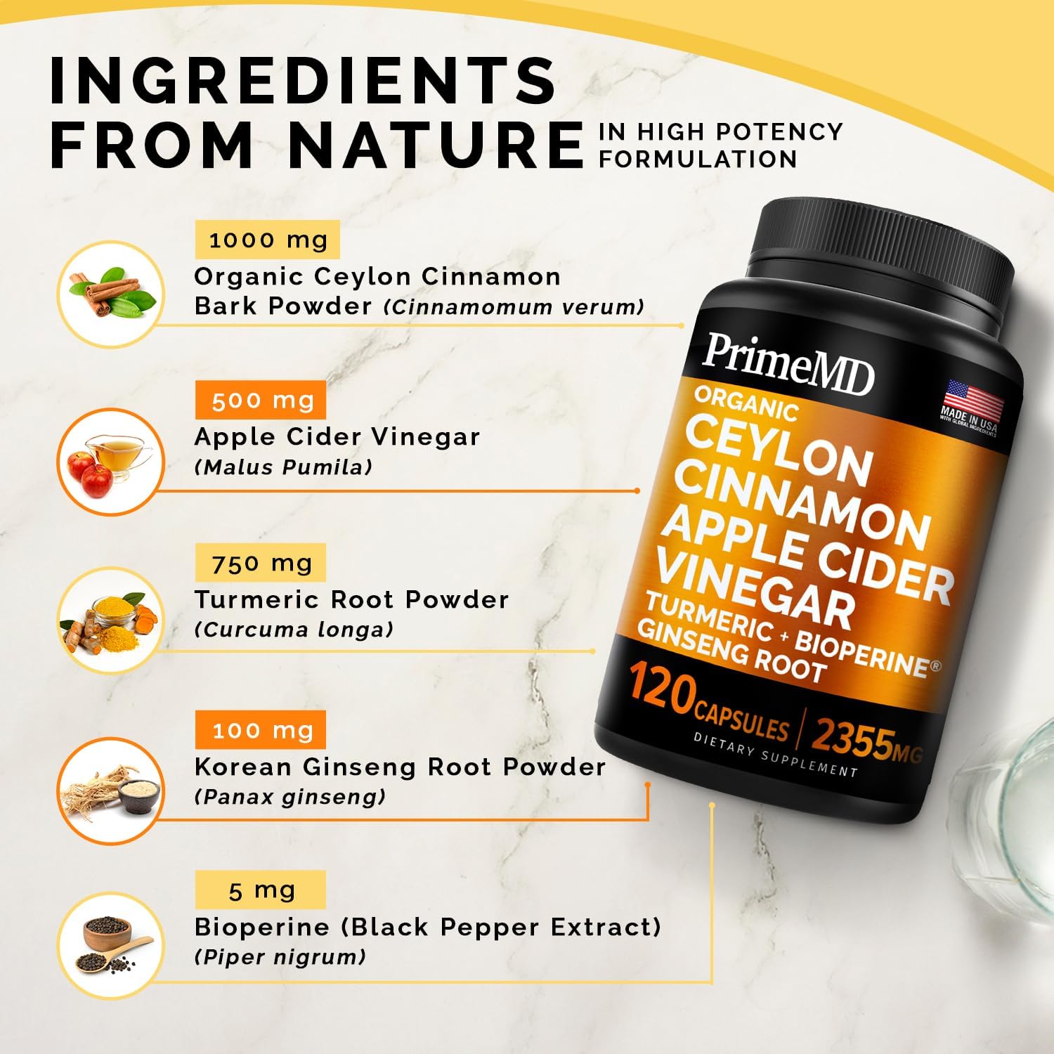 Bundle: PrimeMD Liquid Biotin Collagen Keratin Saw Palmetto Drops (2 fl oz - 2 Pack) & Ceylon Cinnamon w Turmeric & Ginseng Root (120ct) - Hair, Skin, Nails, Immune Support