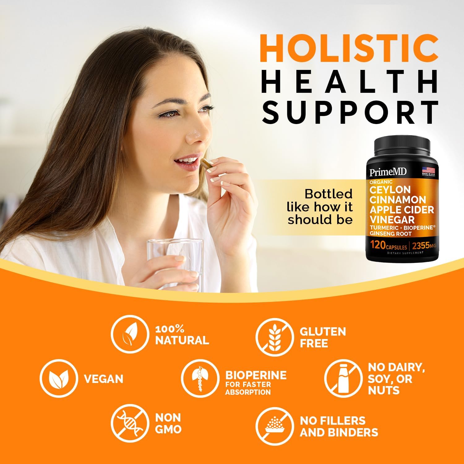 Bundle: PrimeMD Liquid Biotin Collagen Keratin Saw Palmetto Drops + Ceylon Cinnamon Turmeric Ginseng Capsules for Hair, Skin, Nails & Immune Support