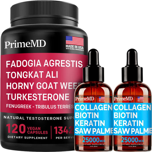 Bundle: PrimeMD Liquid Collagen Biotin (2pk) & Fadogia Tongkat Ali (1pk) - Vitamins for Hair, Skin, Nails, Heart, Energy, & Testosterone - Non-GMO, Vegan