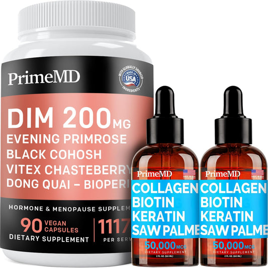 Bundle: PrimeMD Liquid Collagen Biotin (2pk) + Menopause Support (1pk) - Hair, Skin, Nails, Hormone - Non-GMO, Vegan, Gluten-Free