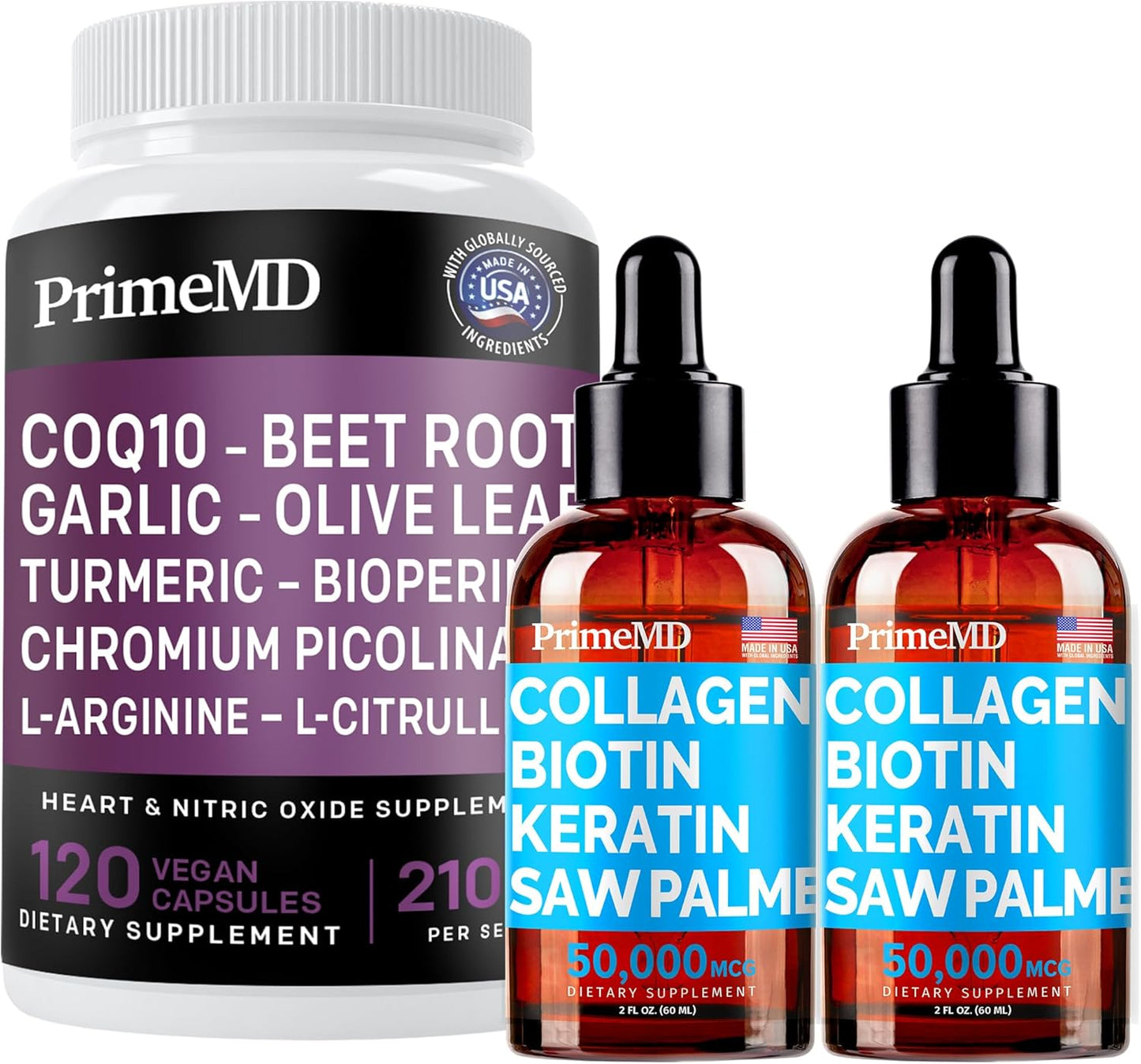 Bundle: PrimeMD Liquid Collagen Biotin (2pk) + Nitric Oxide (1pk) Supplements - Promotes Healthy Hair, Skin, Nails, Heart, Circulation - Non-GMO, Vegan, Gluten-Free