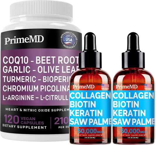 Bundle: PrimeMD Liquid Collagen Biotin (2pk) + Nitric Oxide (1pk) Supplements - Promotes Healthy Hair, Skin, Nails, Heart, Circulation - Non-GMO, Vegan, Gluten-Free